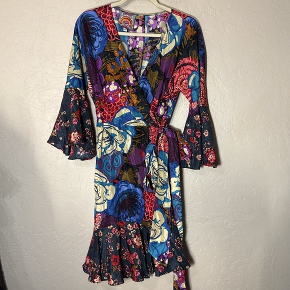 Johny Was patchwork floral print 3/4 bell sleeve true wrap dress tulip skirt - Picture 10 of 10